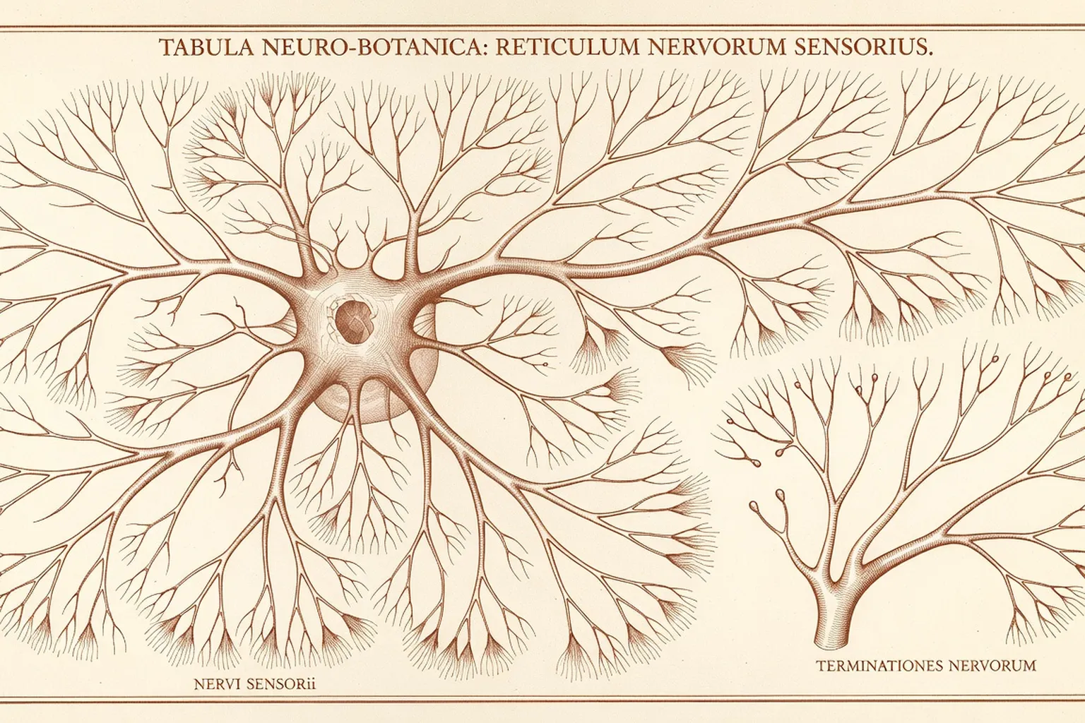 Illustration médicale botanique du réseau de terminaisons nerveuses, style planche XIXe terracotta