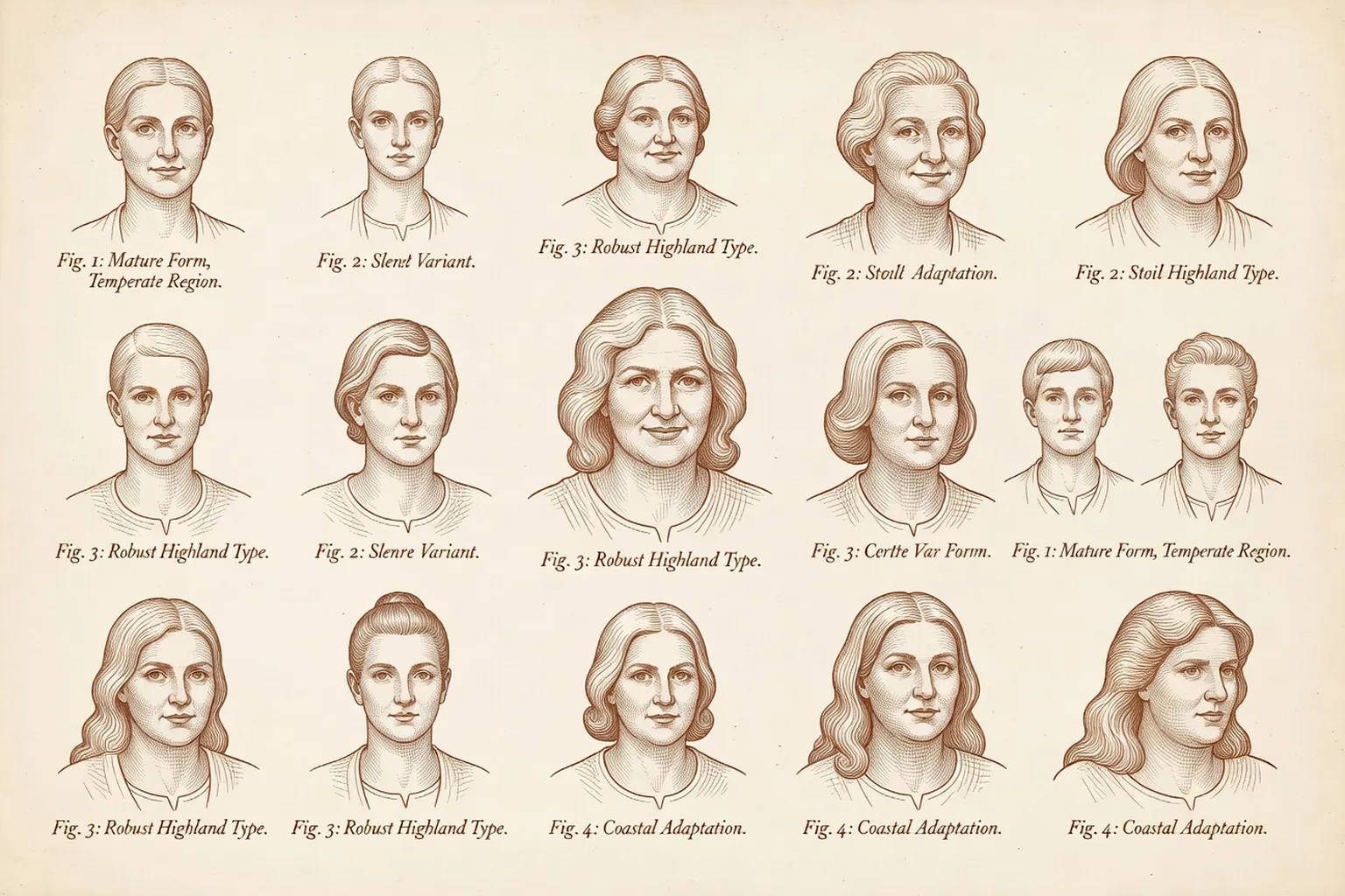 Illustration médicale botanique montrant la diversité anatomique vulvaire, planche XIXe