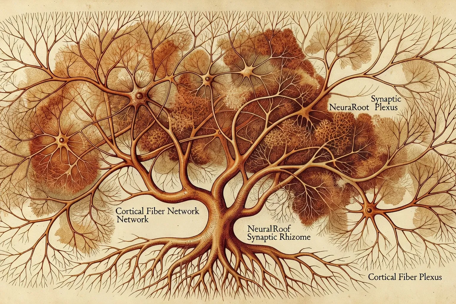 Représentation schématique abstraite de l'innervation comparée du clitoris et du pénis, style planche anatomique vintage