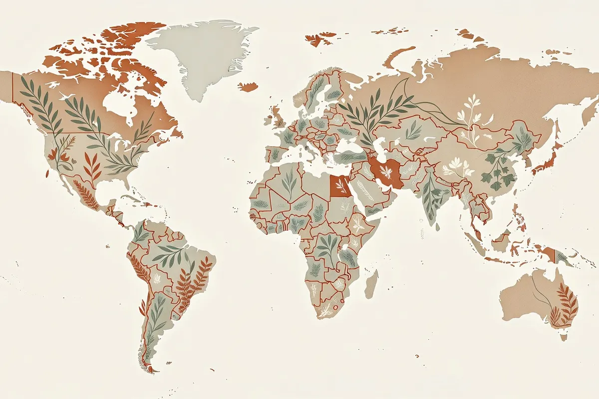 Carte du monde stylisée en illustration éditoriale botanique comparant les programmes internationaux d'éducation sexuelle