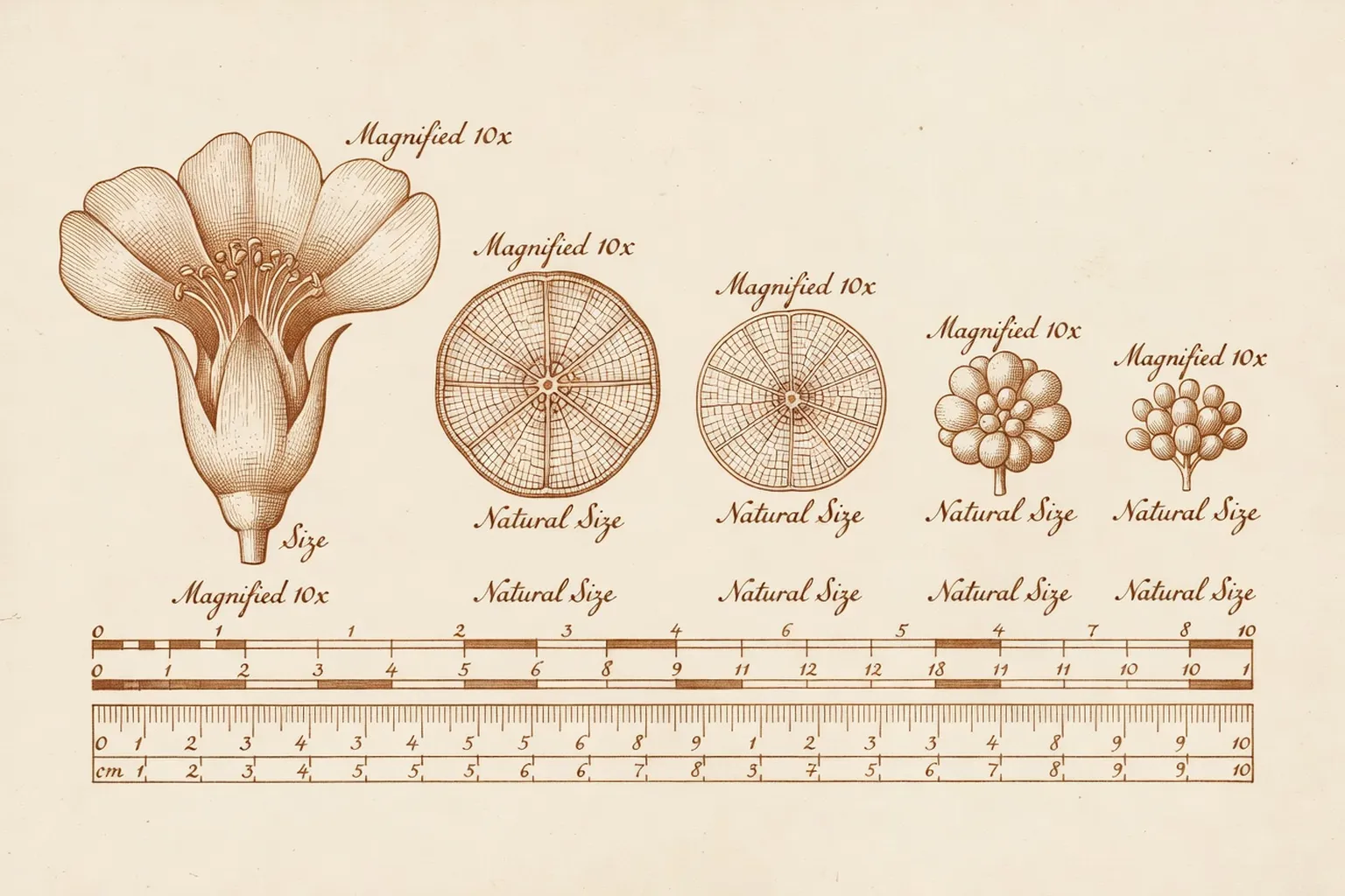 Illustration médicale botanique — mesures anatomiques du clitoris